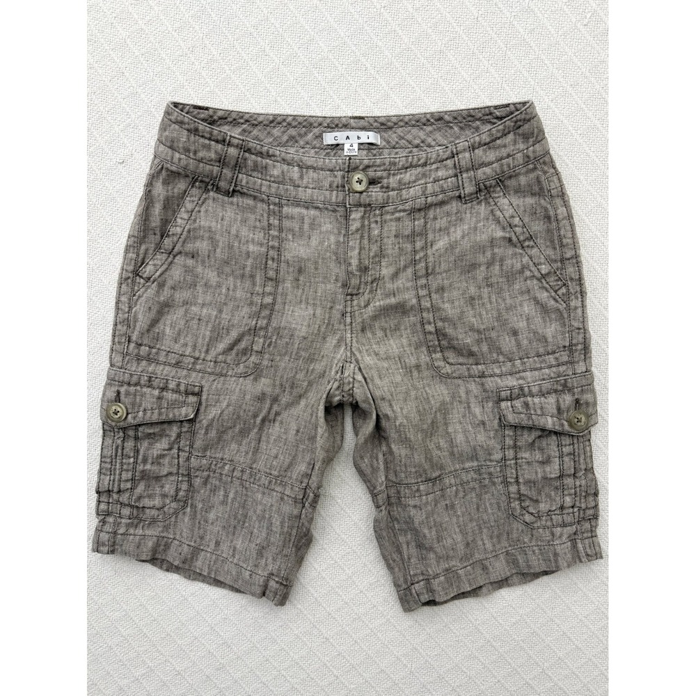 Cabi 100% Linen Cargo Shorts Grey Brown Utility Bermuda Style Womens 4